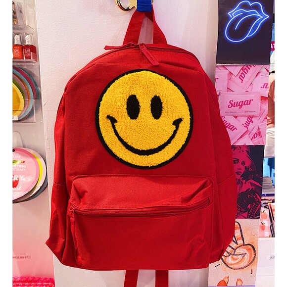 Handbags - Happy Red Backpack - Fuzzy Face Patch